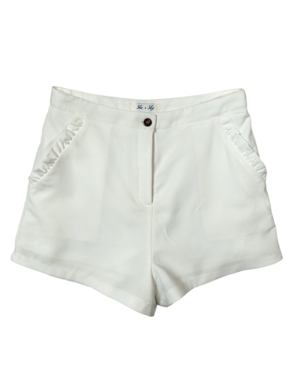 She+Sky High Waist Sailor Shorts Ruffle Pockets Lined White Size Medium